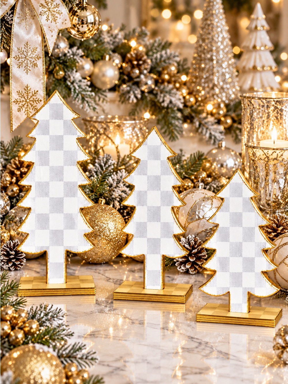 3 Hand Crafted Sterling Check Christmas Trees 11”